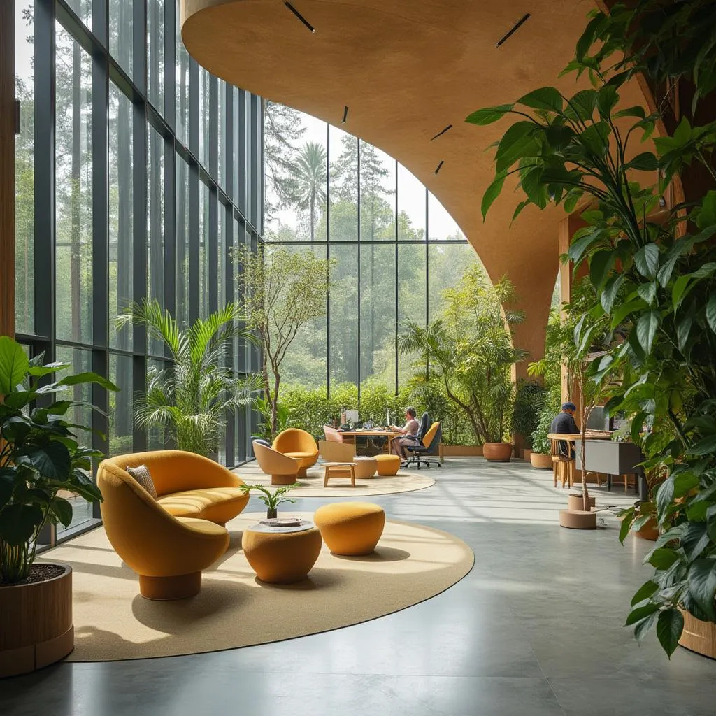 Interior de oficina sostenible con diseño biómorfico